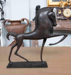 1990s Stylized Horse Sculpture in Patinated Bronze on Base