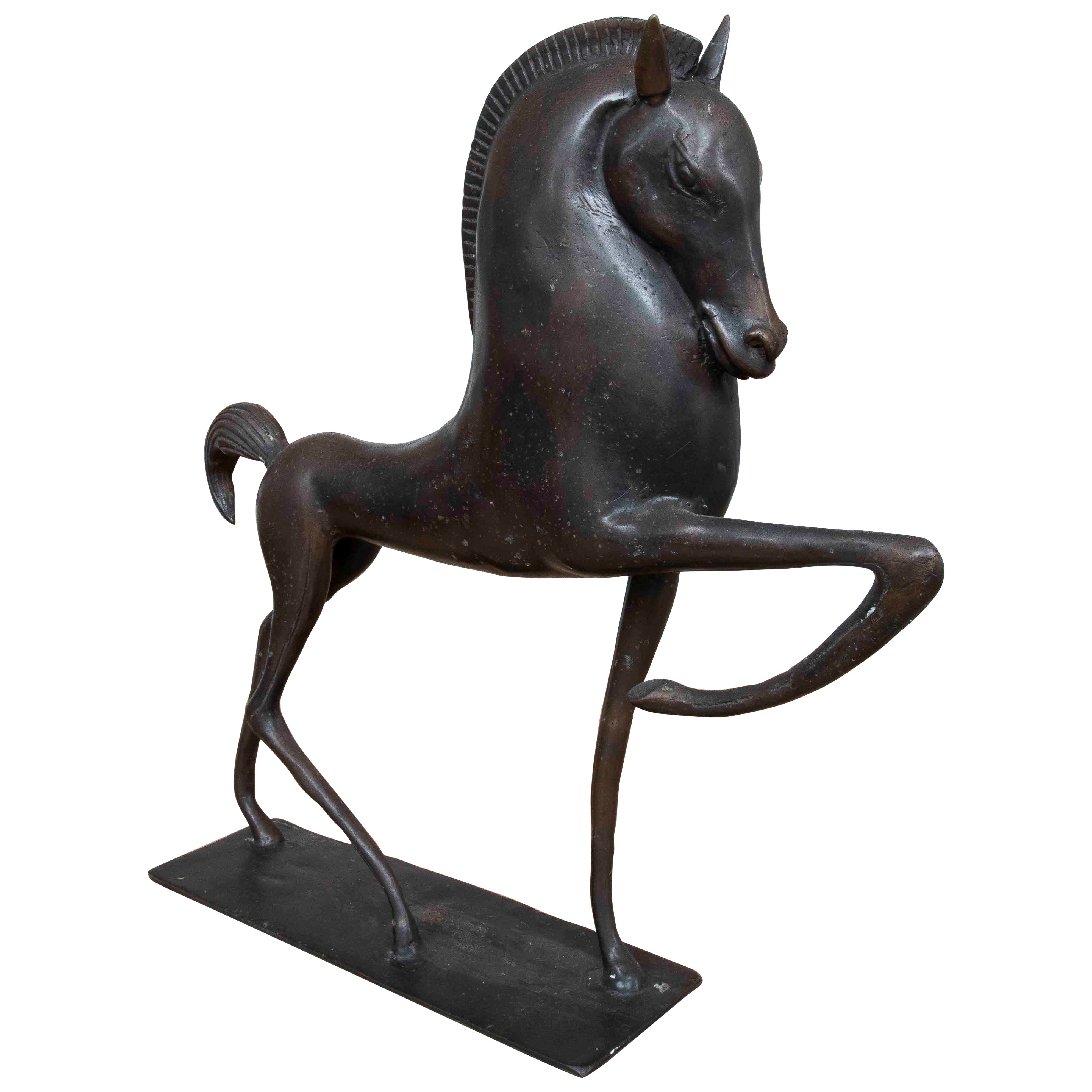 1990s Stylized Horse Sculpture in Patinated Bronze on Base