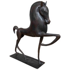 1990s Stylized Horse Sculpture in Patinated Bronze on Base