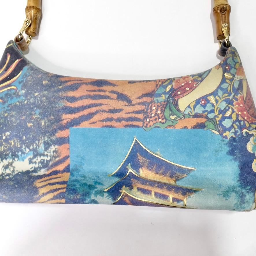 Gray 1990's Suede Dragon Motif Handbag with Bamboo Handle