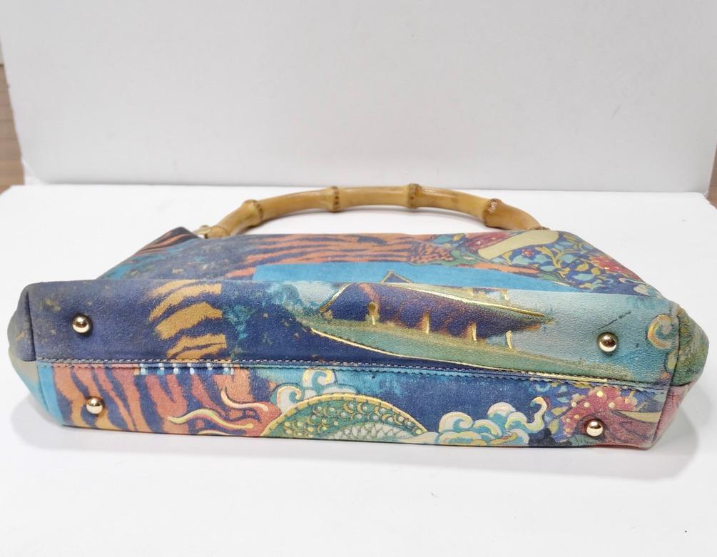 Women's or Men's 1990's Suede Dragon Motif Handbag with Bamboo Handle