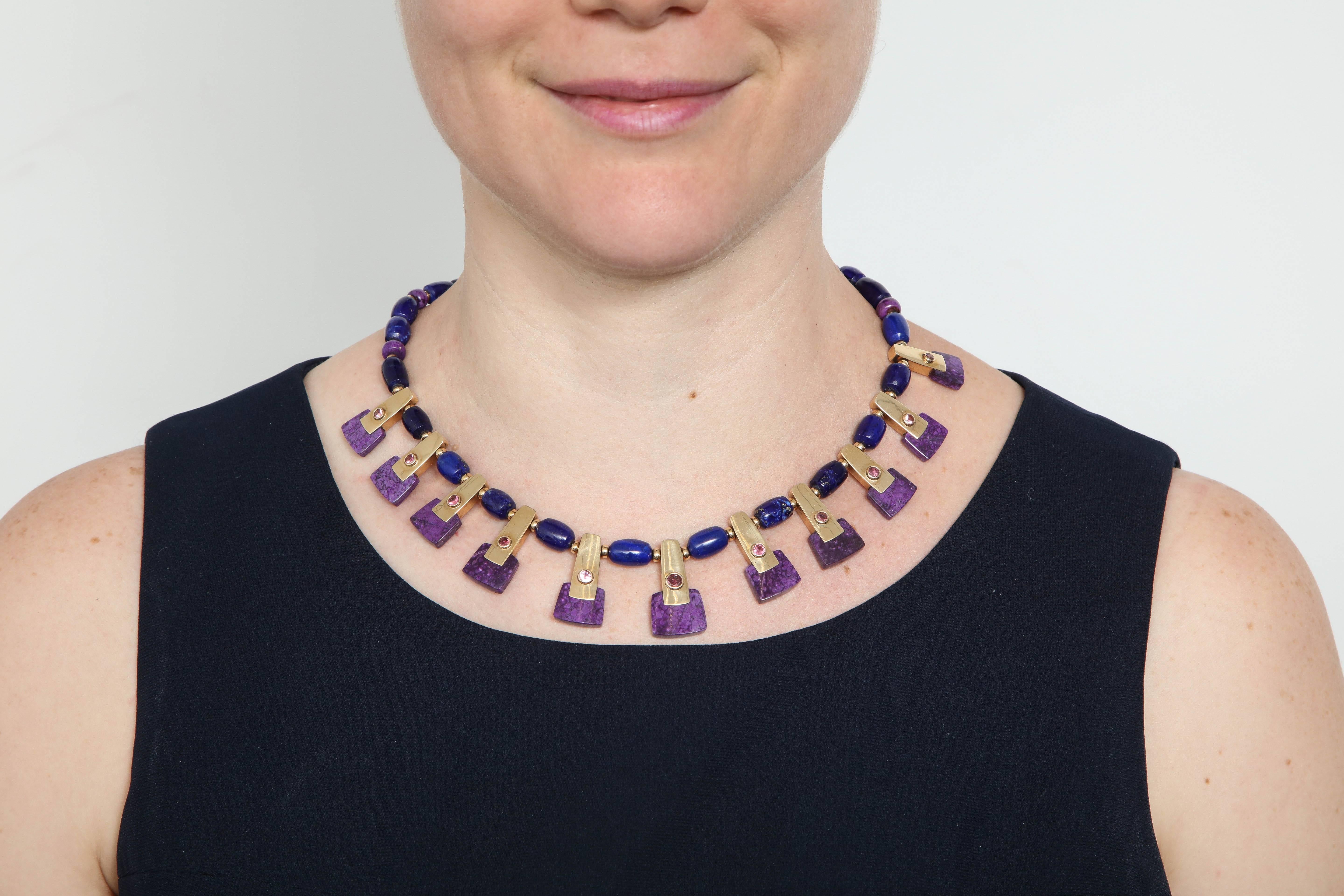 1990s Sugilite, Lapis with Rubelites Gold Cleopatra Style Necklace with Earrings 3
