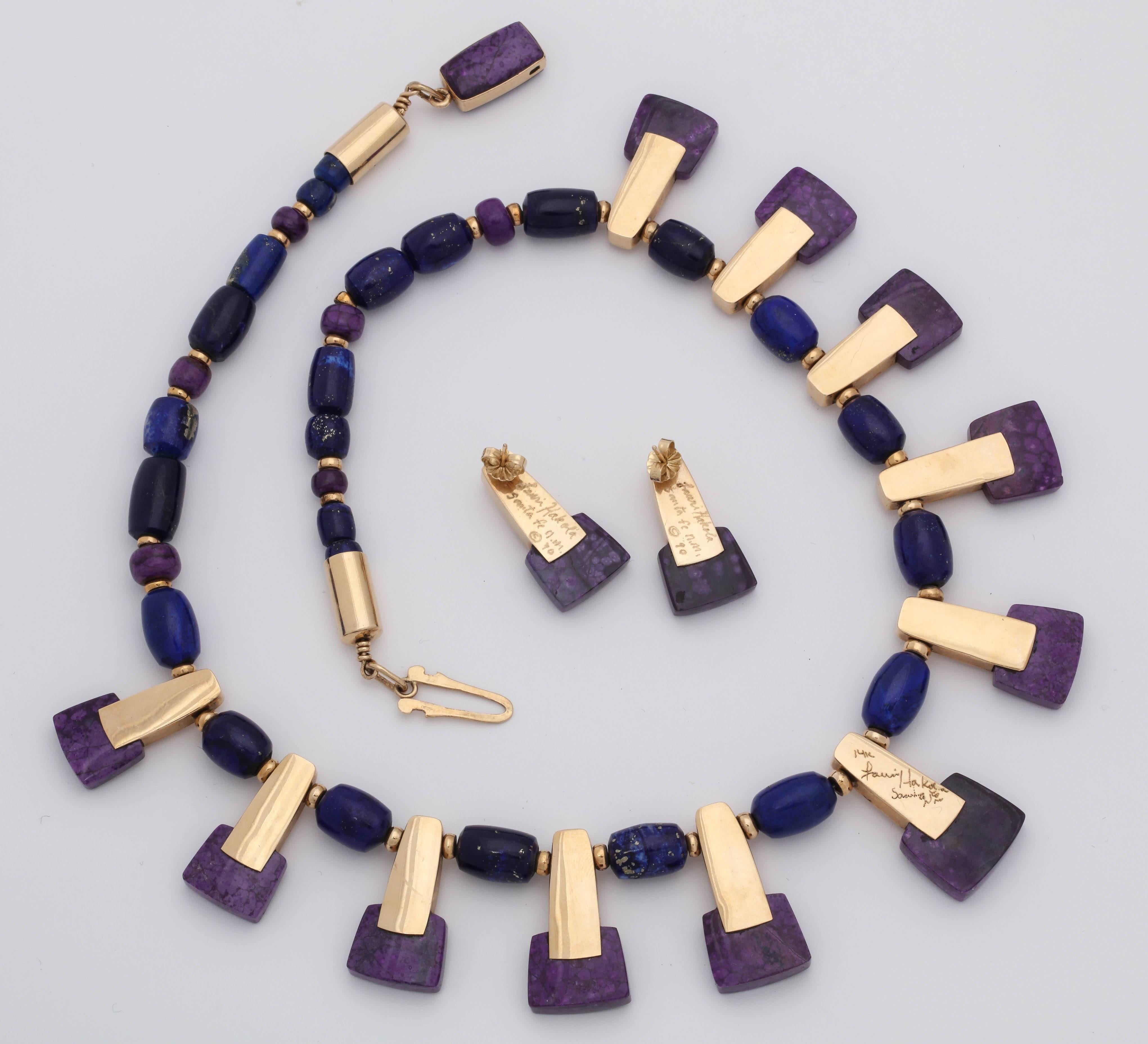 1990s Sugilite, Lapis with Rubelites Gold Cleopatra Style Necklace with Earrings 1