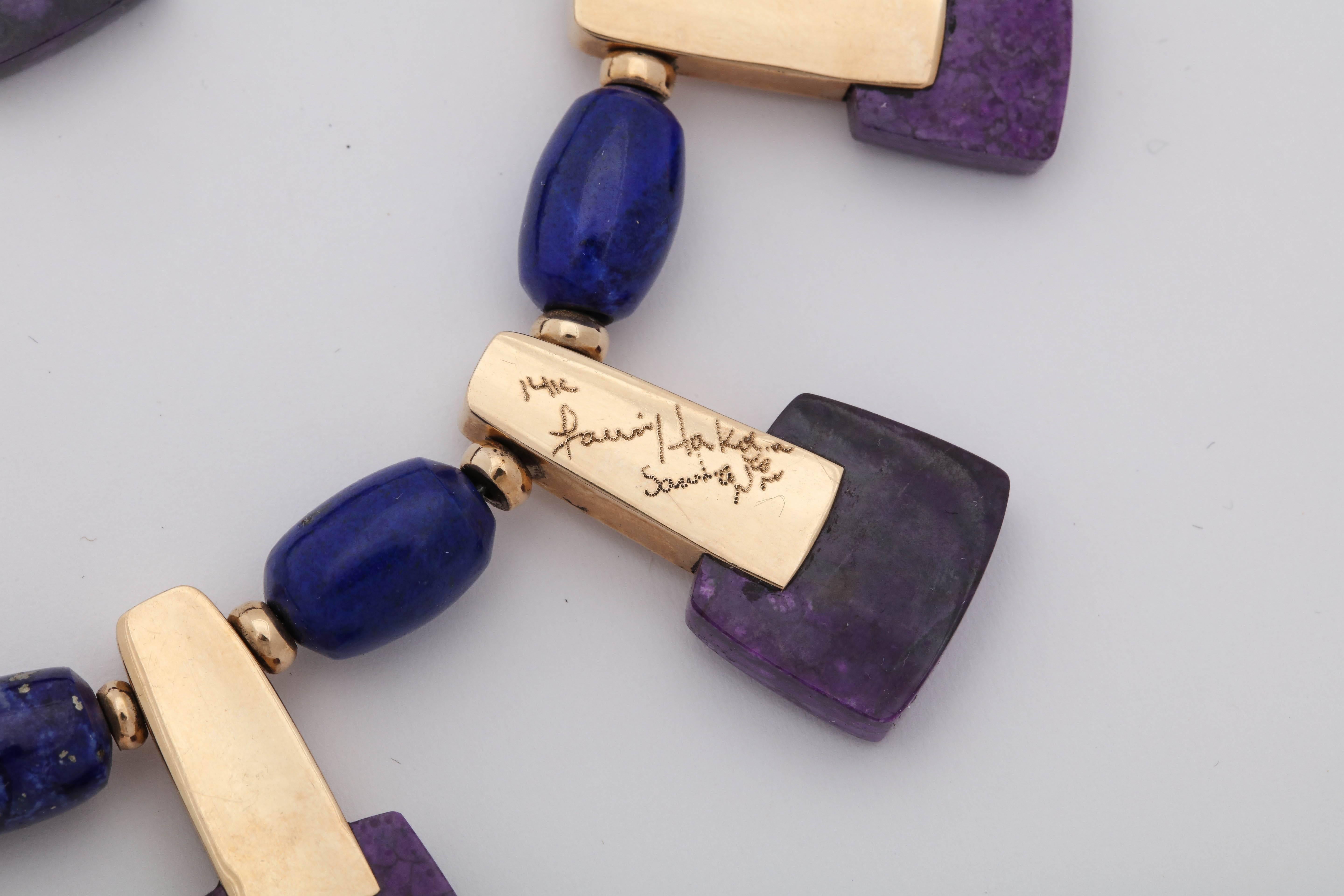 1990s Sugilite, Lapis with Rubelites Gold Cleopatra Style Necklace with Earrings 2