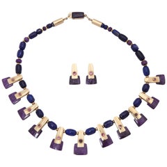 1990s Sugilite, Lapis with Rubelites Gold Cleopatra Style Necklace with Earrings