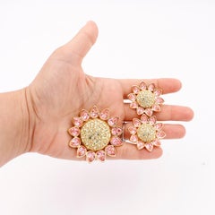 1990s Swarovski Crystal Gold Plated Pink Yellow Flower Brooch & Earrings