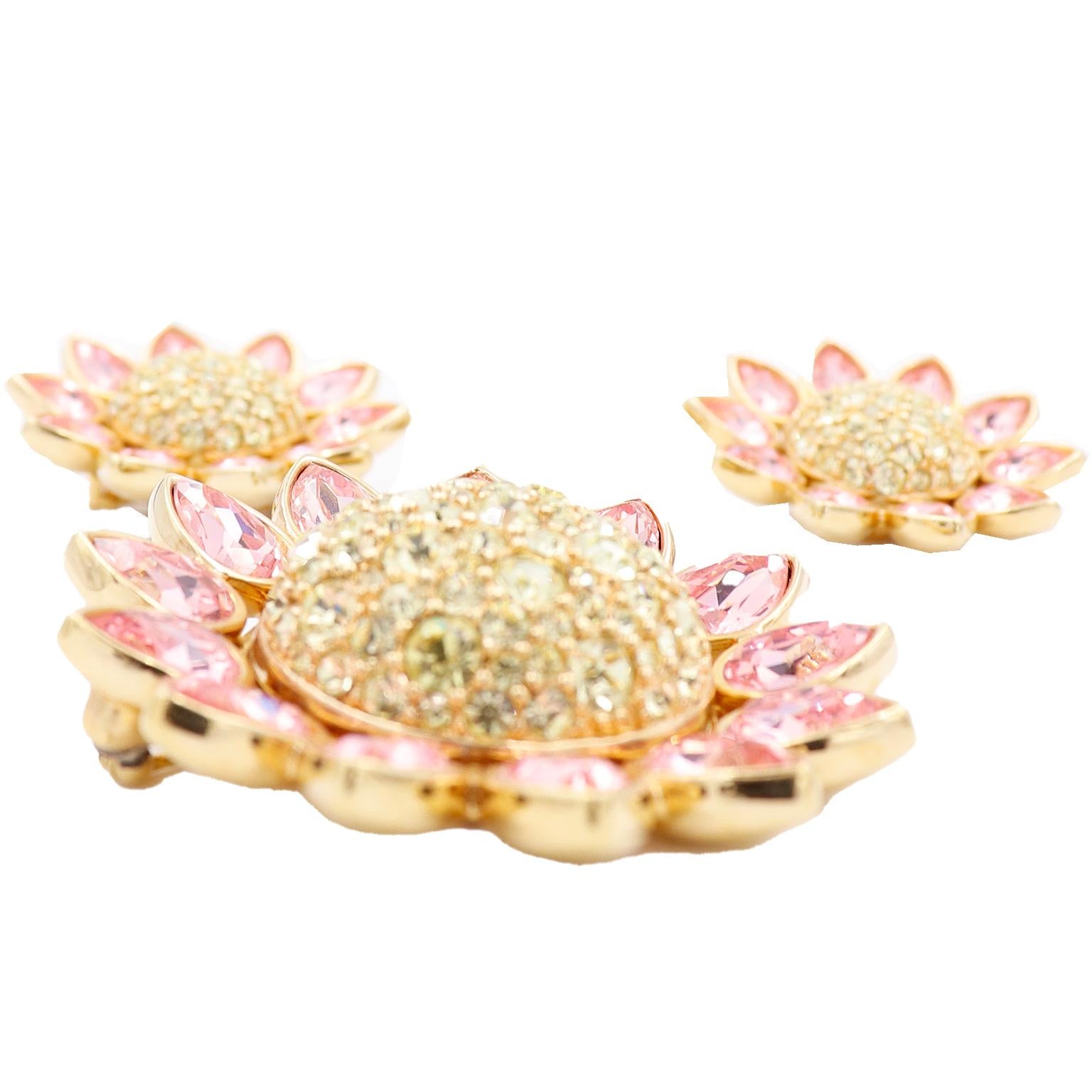 Brilliant Cut 1990s Swarovski Crystal Gold Plated Pink Yellow Flower Brooch & Earrings For Sale