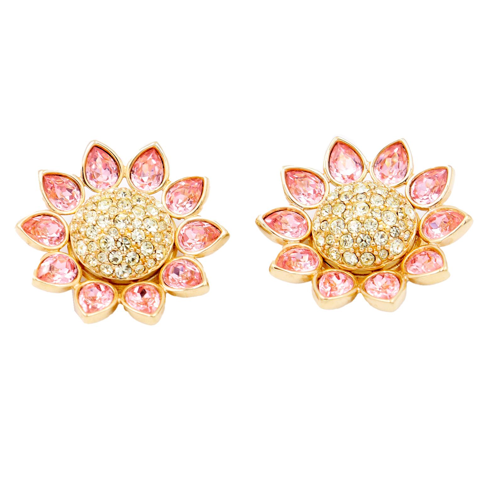 1990s Swarovski Crystal Gold Plated Pink Yellow Flower Brooch & Earrings In Excellent Condition For Sale In Portland, OR