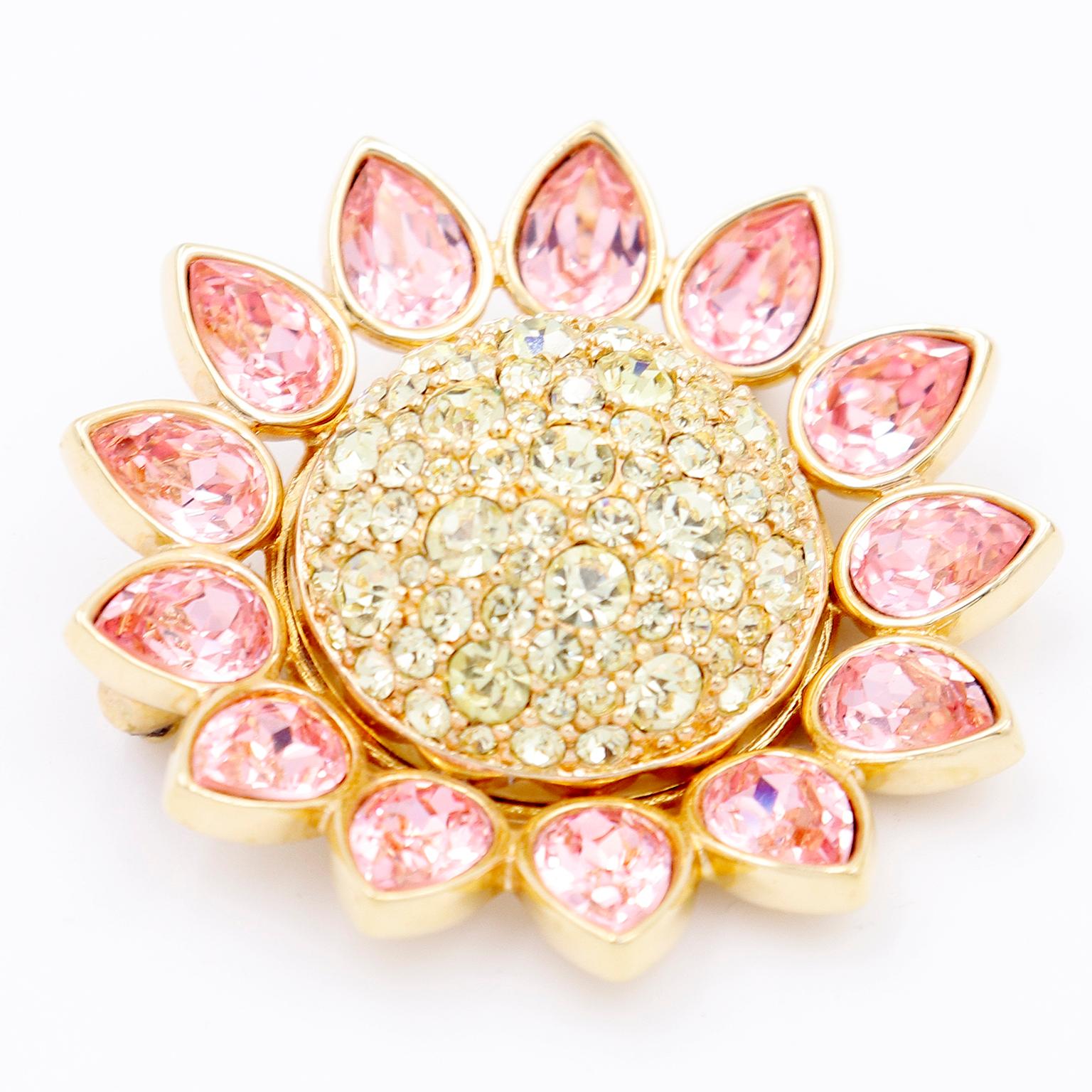 Women's 1990s Swarovski Crystal Gold Plated Pink Yellow Flower Brooch & Earrings For Sale