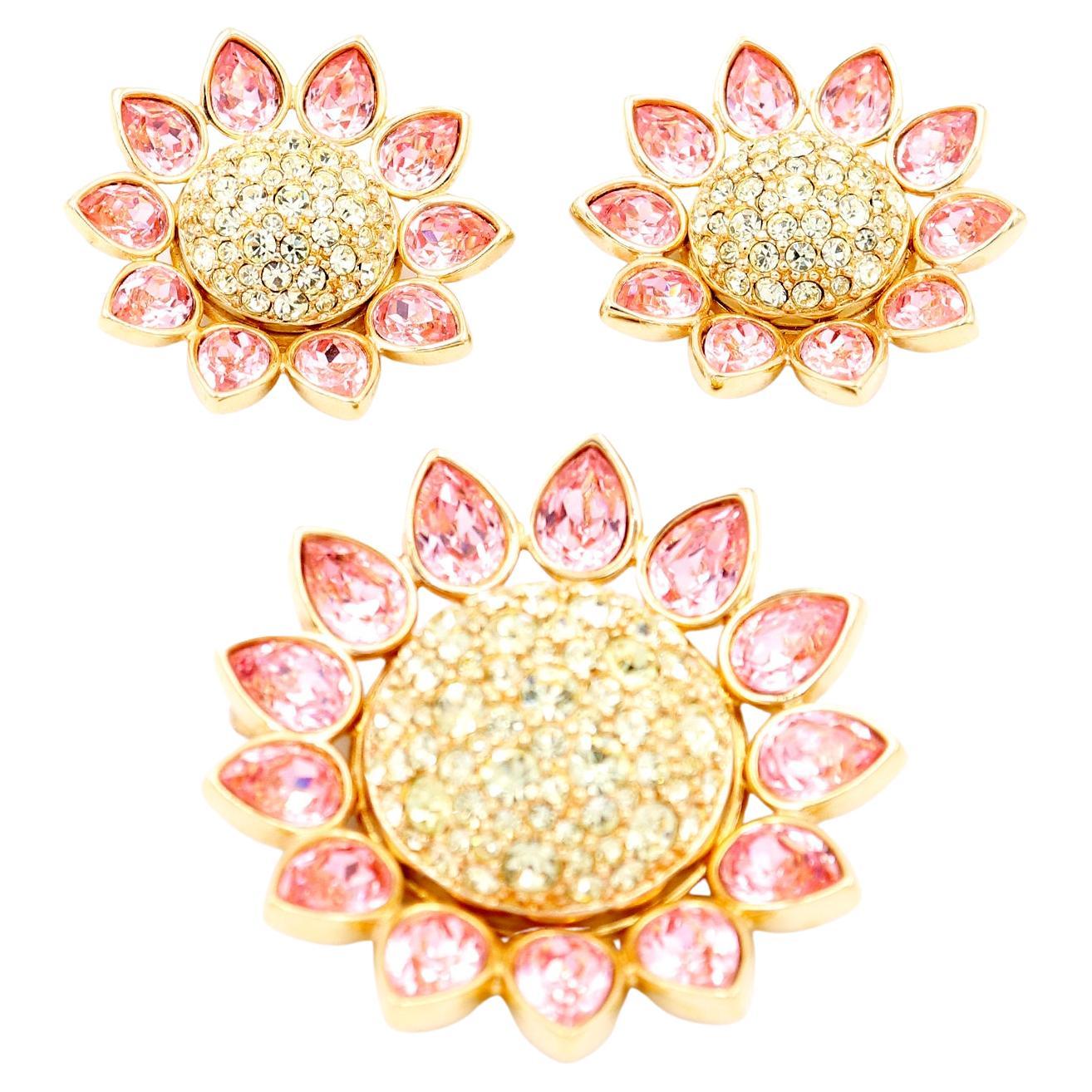 1990s Swarovski Crystal Gold Plated Pink Yellow Flower Brooch & Earrings For Sale