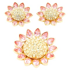 1990s Swarovski Crystal Gold Plated Pink Yellow Flower Brooch & Earrings