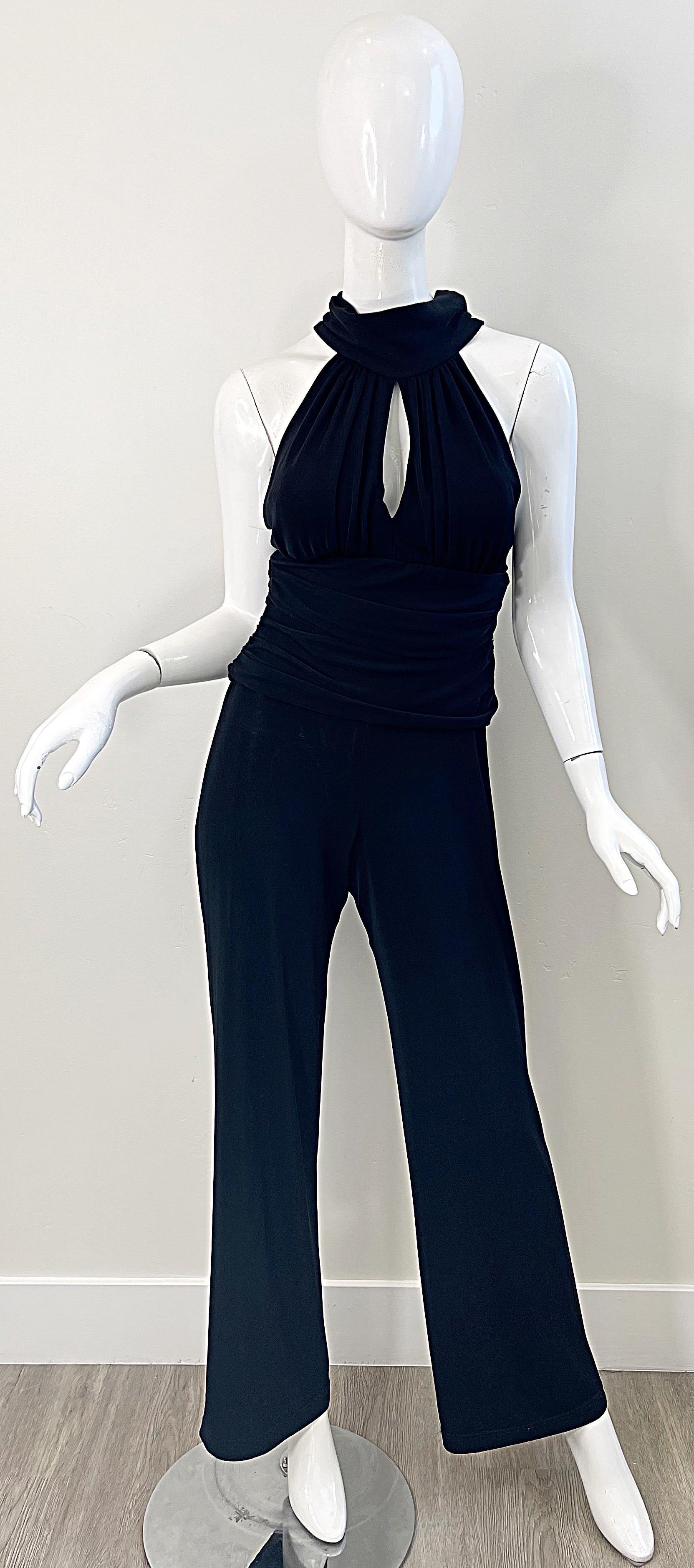 1990s Tadashi Black Wide Leg Open Back Sleeveless Vintage 90s Halter Jumpsuit For Sale 8