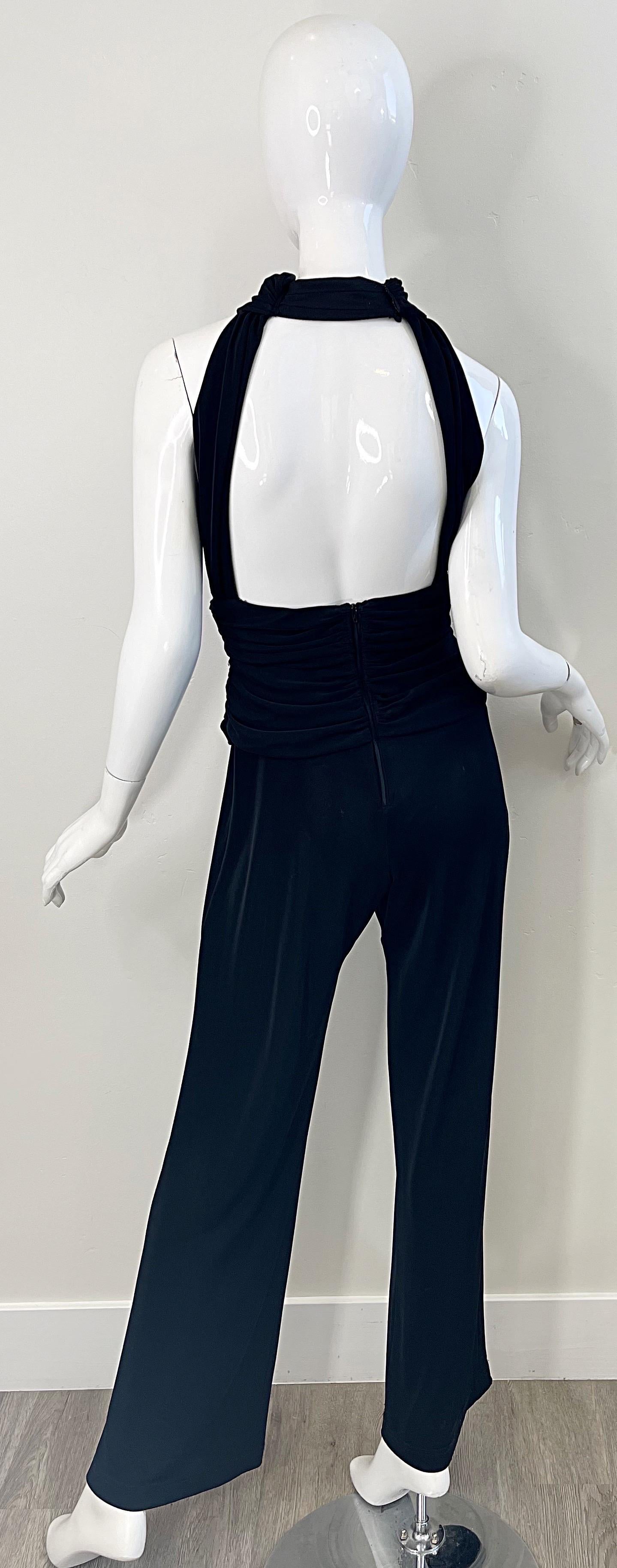 Women's 1990s Tadashi Black Wide Leg Open Back Sleeveless Vintage 90s Halter Jumpsuit For Sale