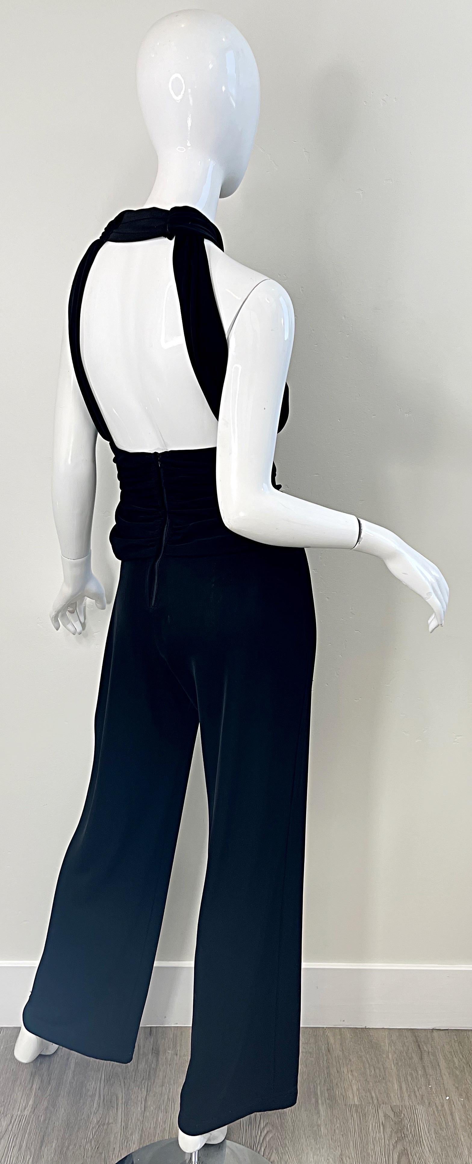 1990s Tadashi Black Wide Leg Open Back Sleeveless Vintage 90s Halter Jumpsuit For Sale 3