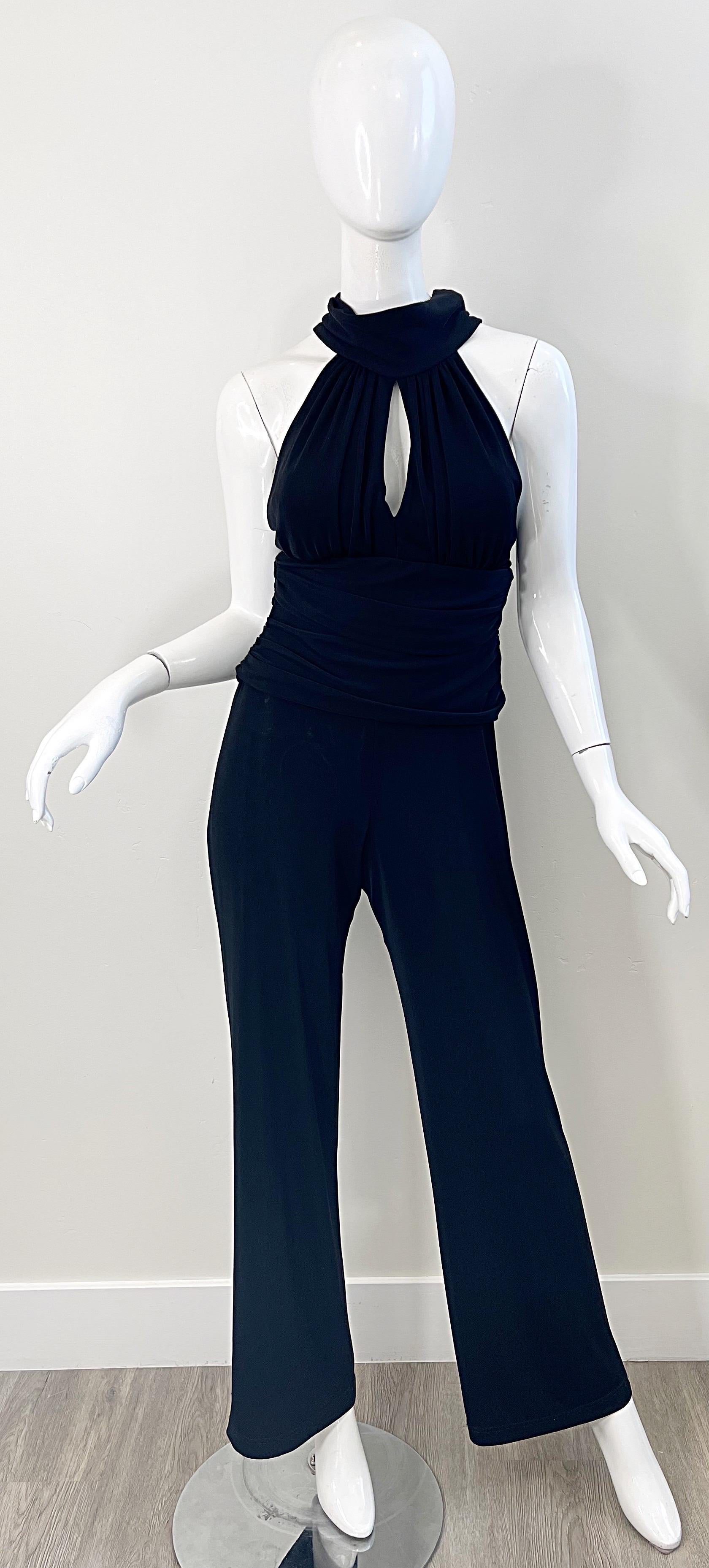 1990s Tadashi Black Wide Leg Open Back Sleeveless Vintage 90s Halter Jumpsuit For Sale 5