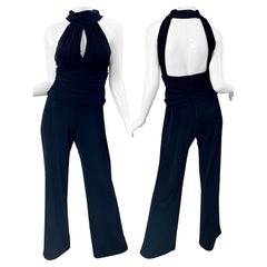 1990s Tadashi Negro Pierna Ancha Espalda Abierta Sin Mangas Vintage 90s Mono Halter