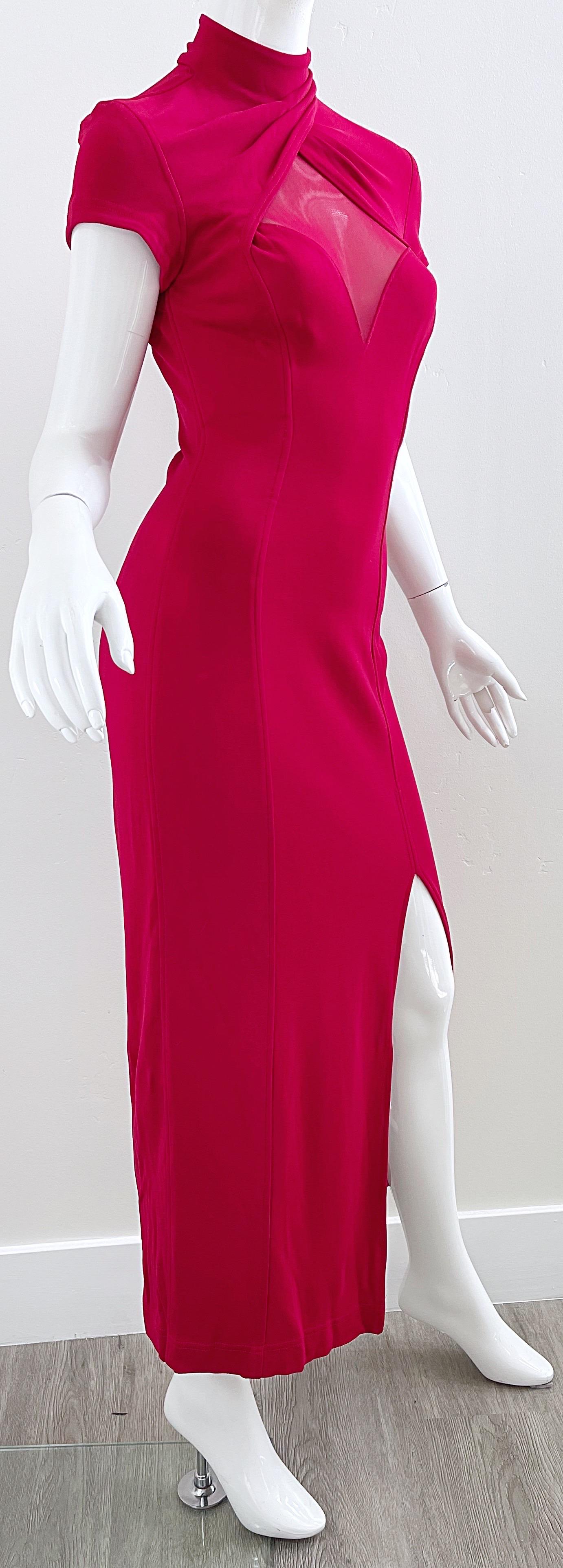 1990s Tadashi Lippenstift Rot Sexy Ausschnitt Bodycon Vintage 90s Jersey Abendkleid im Angebot 7