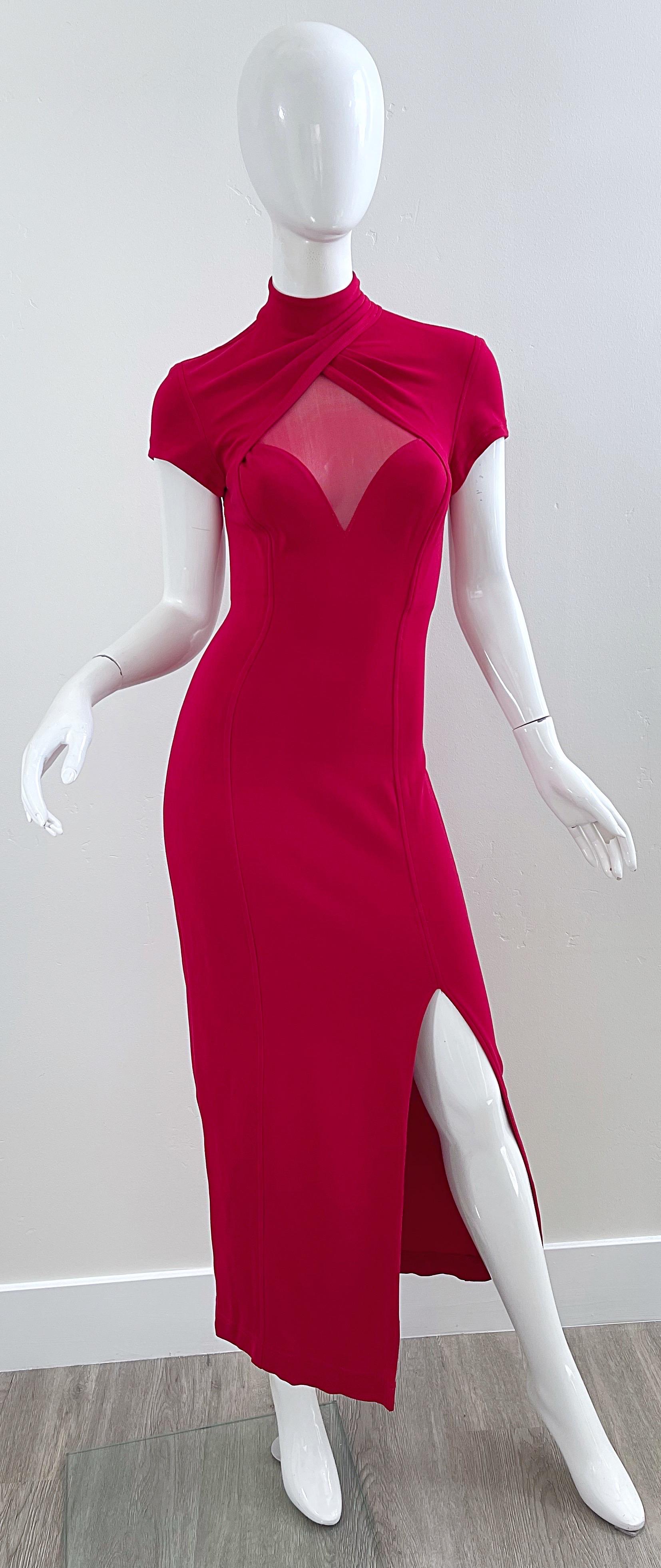 1990s Tadashi Lipstick Red Sexy Cut-Out Bodycon Vintage 90s Jersey Evening Dress For Sale 7