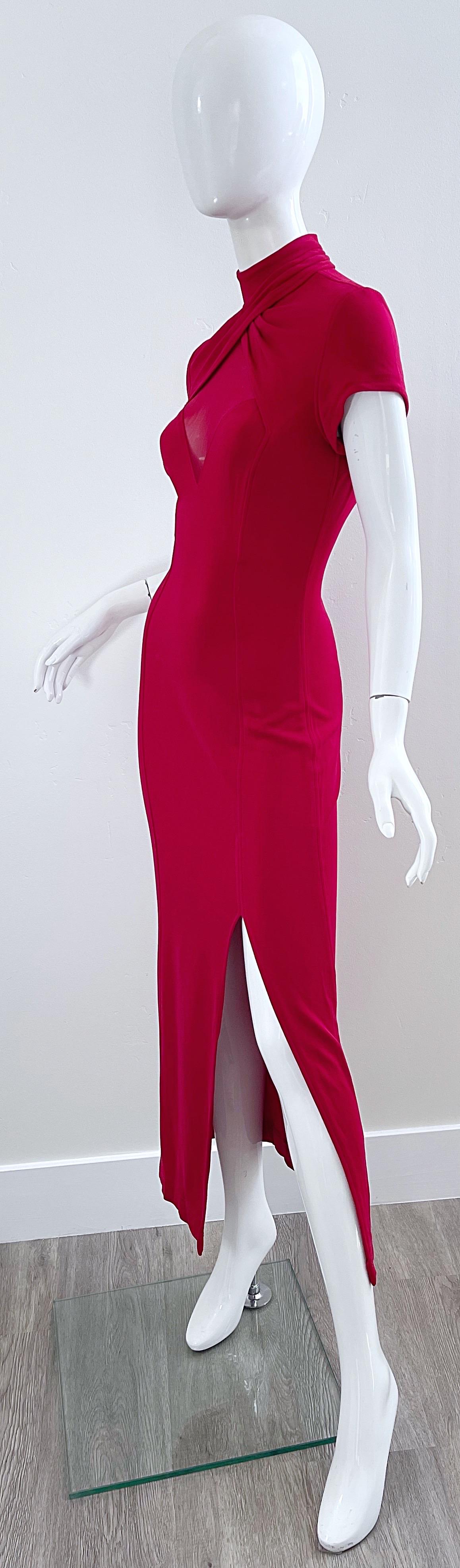 1990s Tadashi Lippenstift Rot Sexy Ausschnitt Bodycon Vintage 90s Jersey Abendkleid im Angebot 2
