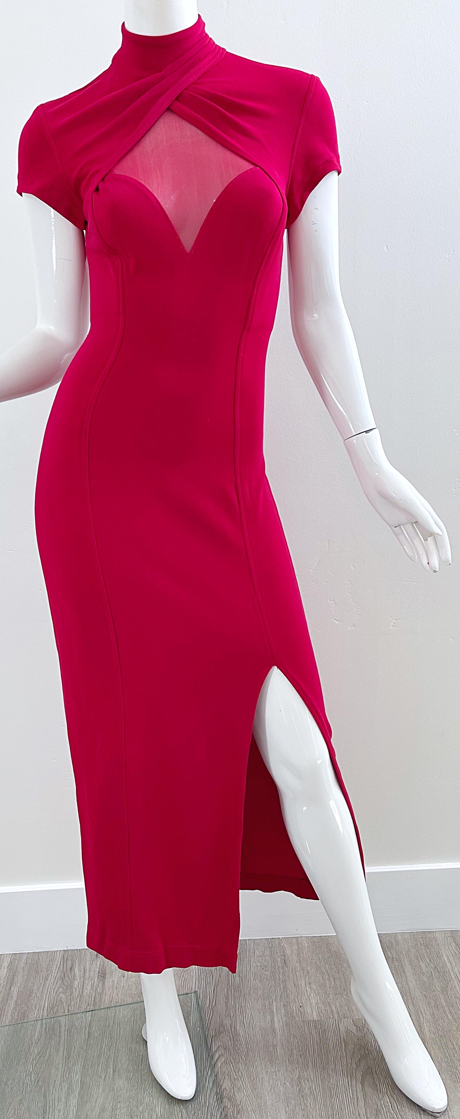 Women's 1990s Tadashi Lipstick Red Sexy Cut-Out Bodycon Vintage 90s Jersey Evening Dress For Sale
