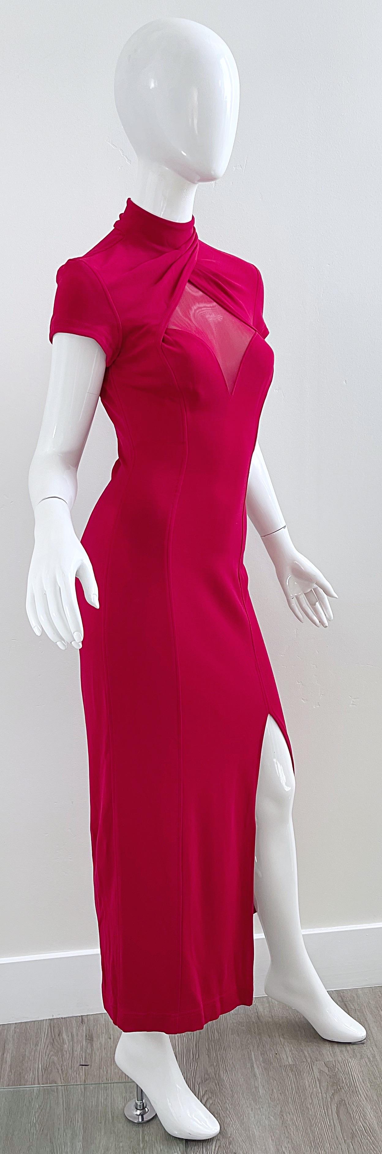 1990s Tadashi Lippenstift Rot Sexy Ausschnitt Bodycon Vintage 90s Jersey Abendkleid im Angebot 4