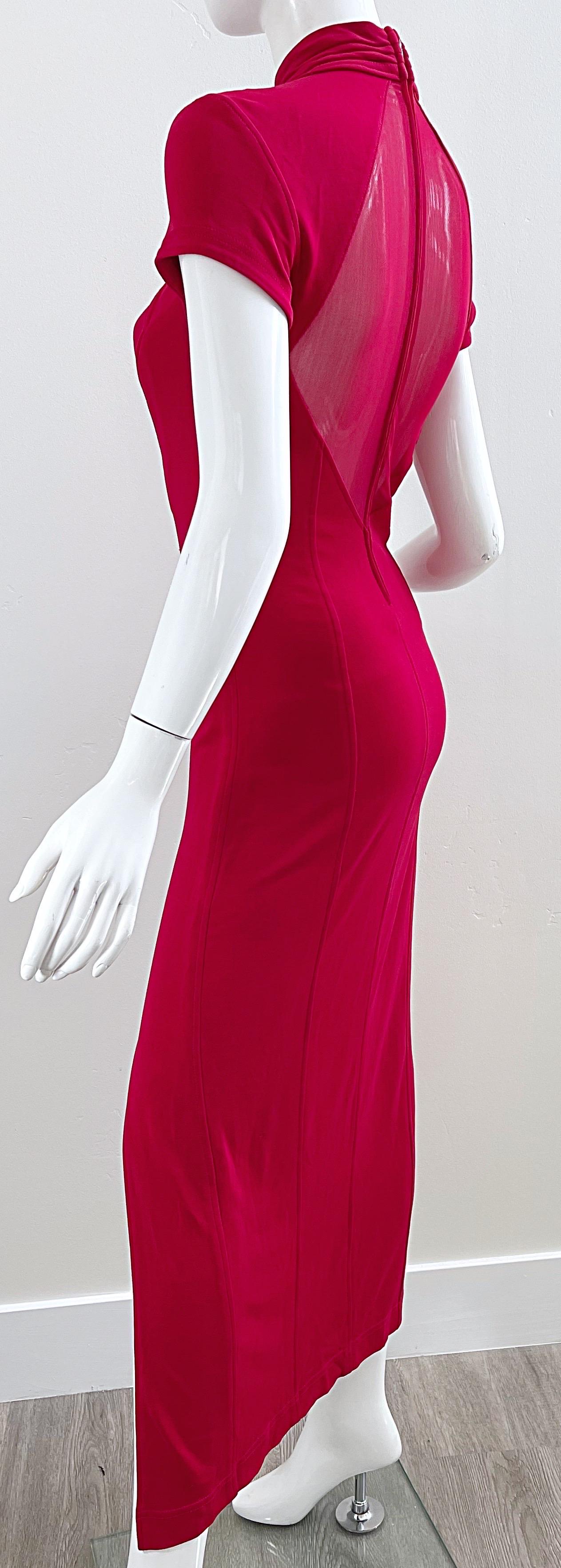 1990s Tadashi Lippenstift Rot Sexy Ausschnitt Bodycon Vintage 90s Jersey Abendkleid im Angebot 5