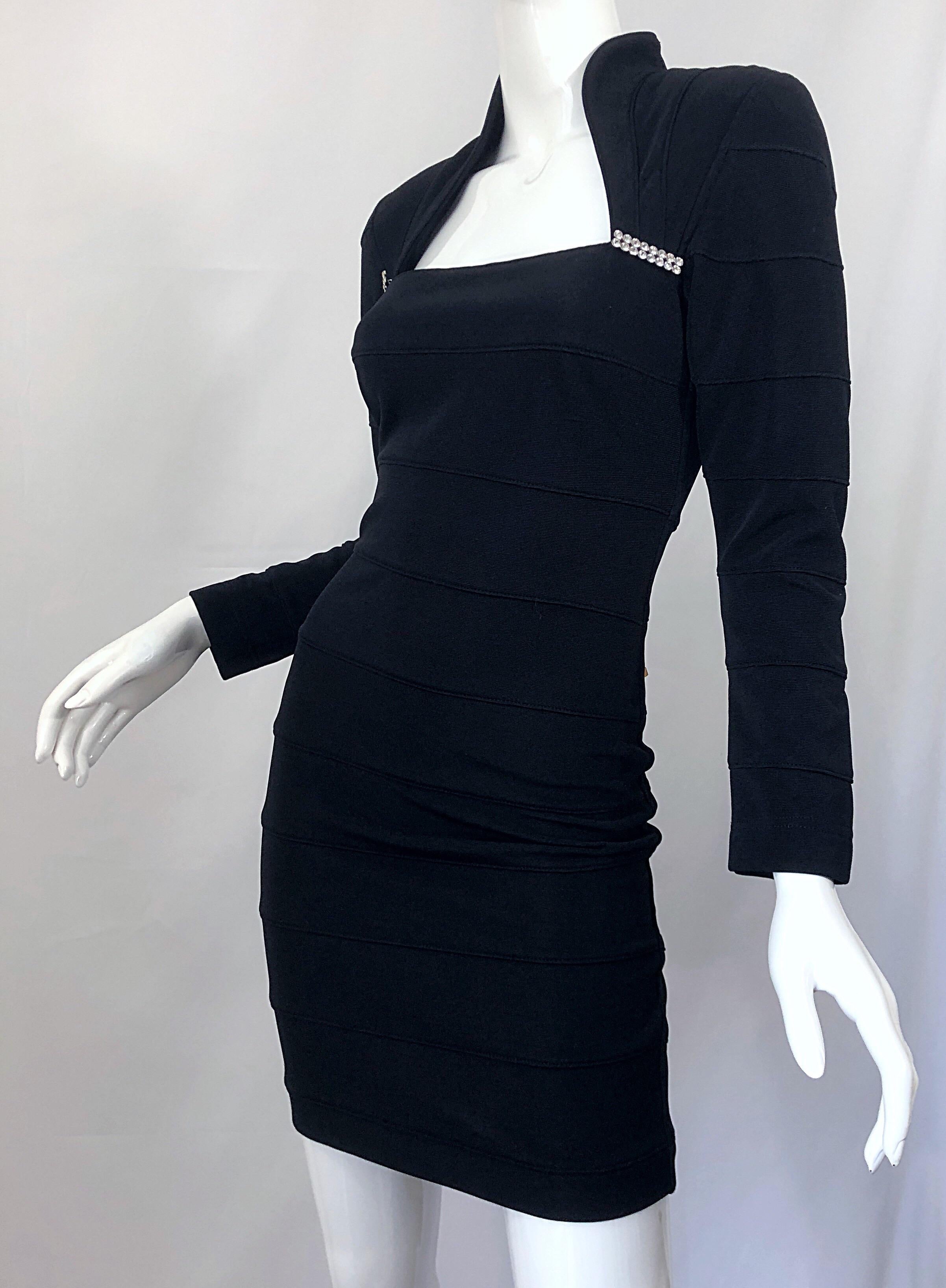 1990s Tadashi Shoji Black Bandage Rhinestone Sexy Vintage 90s Mini Dress 6