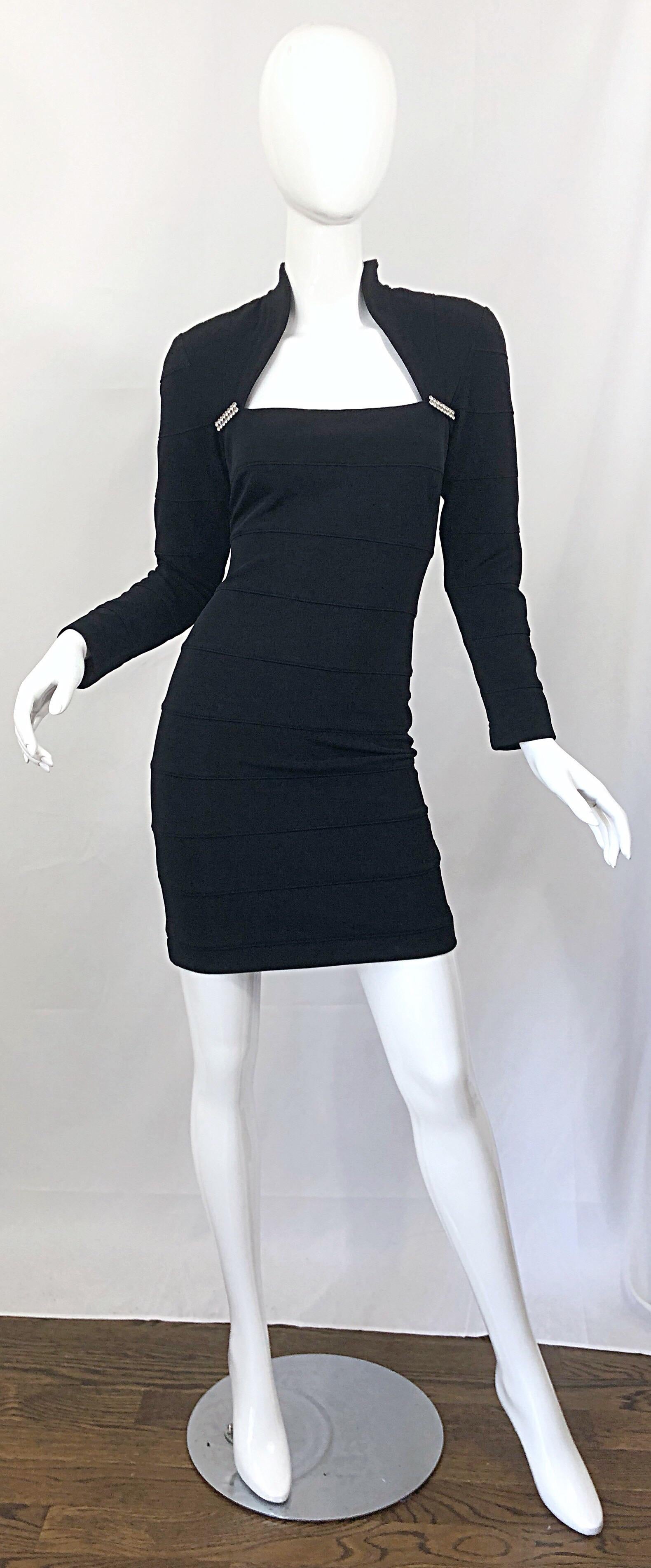 1990er Tadashi Shoji Schwarz Bandage Sexy Vintage 90er Minikleid mit Strass 9