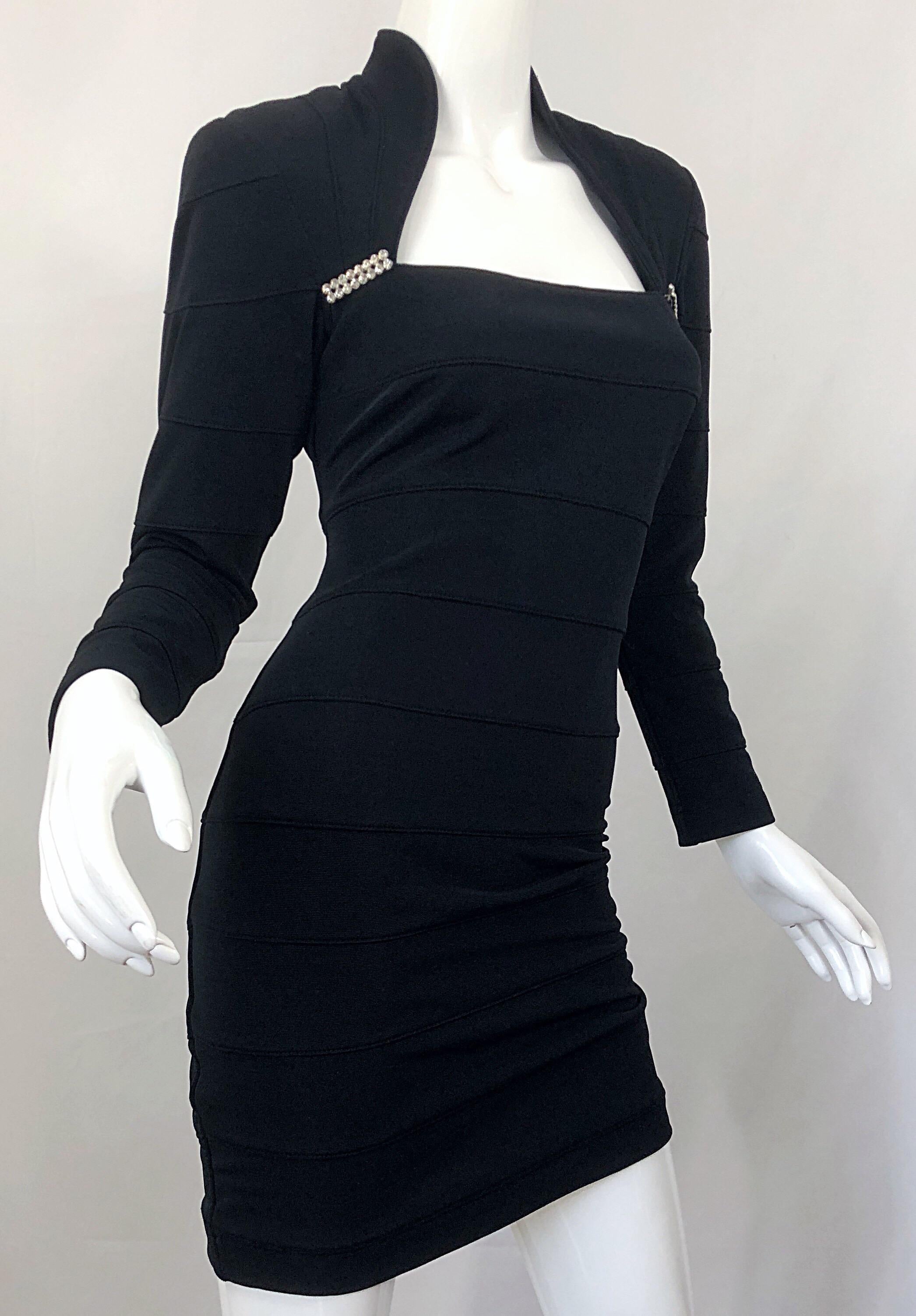 1990s Tadashi Shoji Black Bandage Rhinestone Sexy Vintage 90s Mini Dress 4