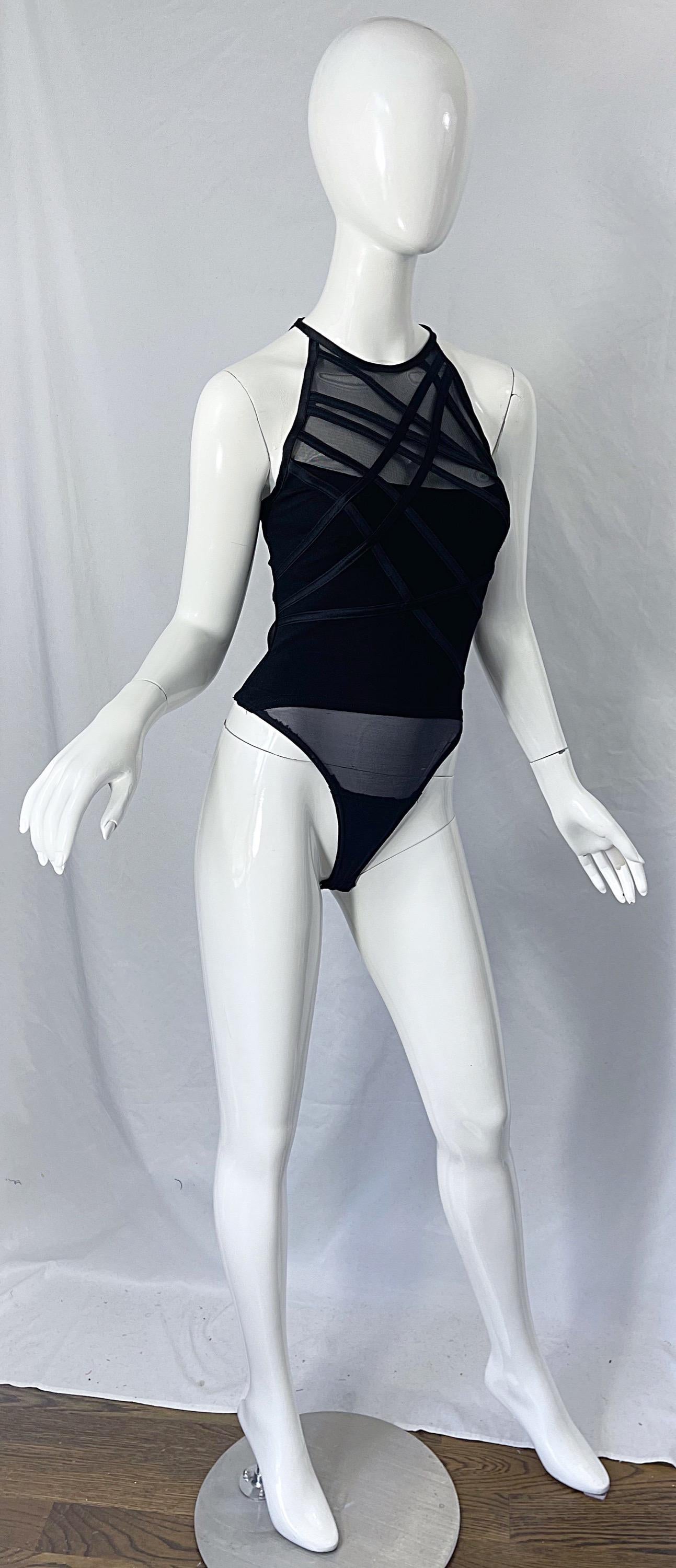 1990er Tadashi Shoji Schwarz Bondage inspiriert Vintage 90er Sexy Zehen-Bodysuit  im Angebot 6