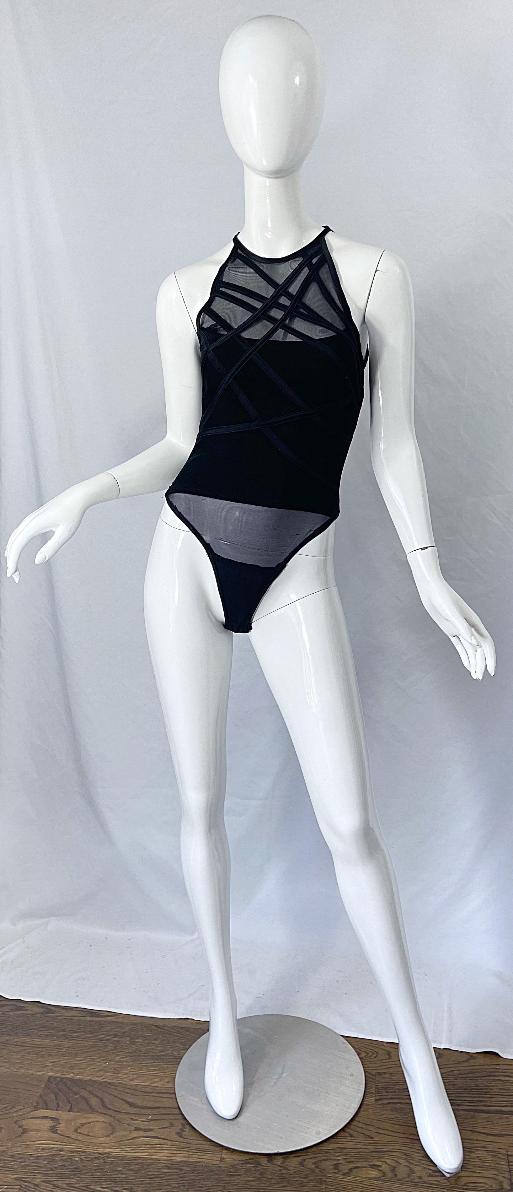 1990er Tadashi Shoji Schwarz Bondage inspiriert Vintage 90er Sexy Zehen-Bodysuit  im Angebot 8