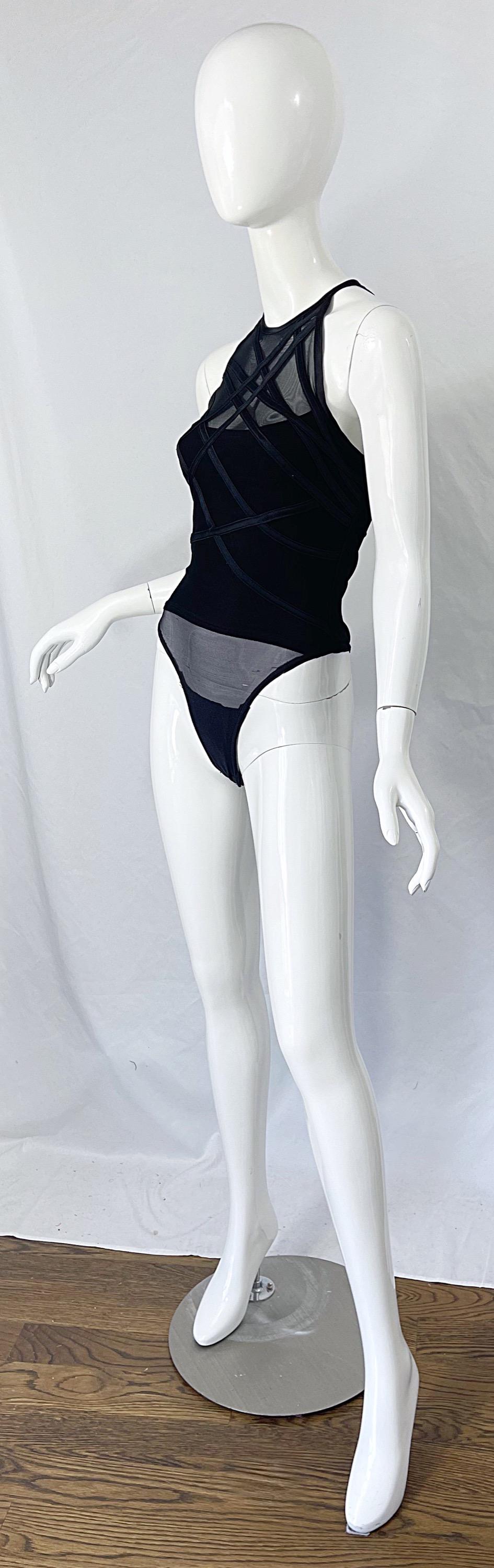 1990er Tadashi Shoji Schwarz Bondage inspiriert Vintage 90er Sexy Zehen-Bodysuit  Damen im Angebot