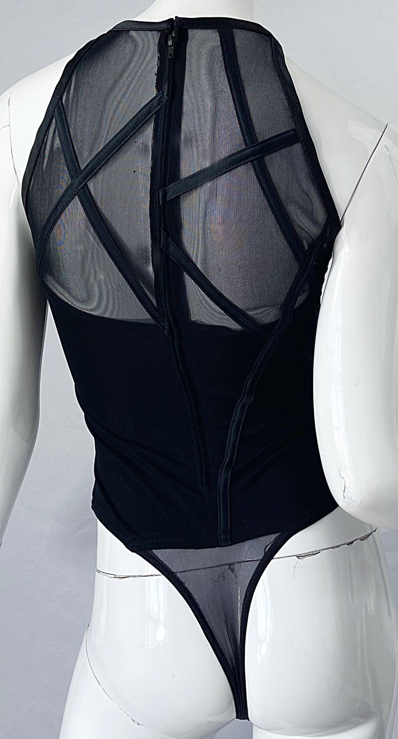 1990er Tadashi Shoji Schwarz Bondage inspiriert Vintage 90er Sexy Zehen-Bodysuit  im Angebot 1