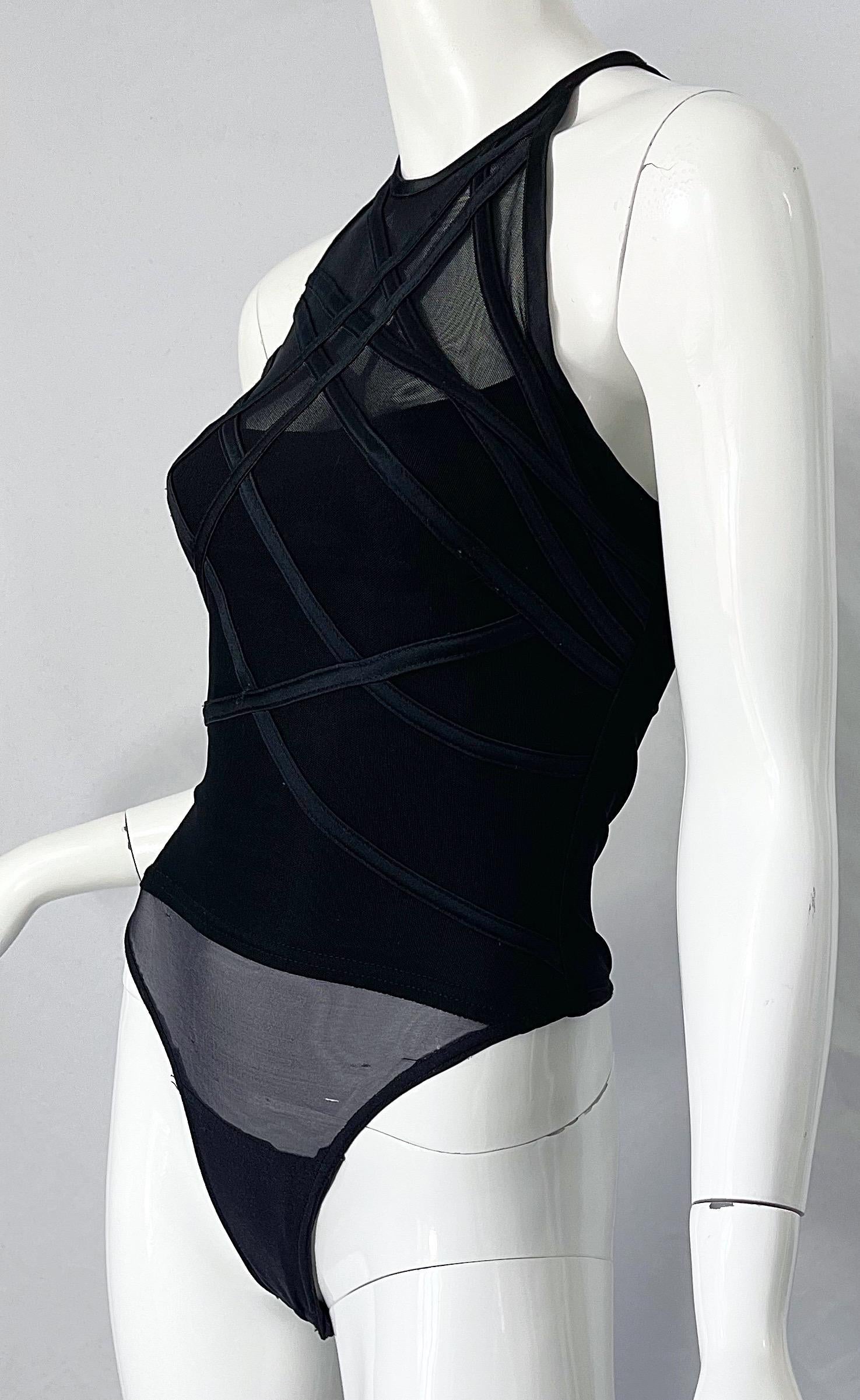 1990er Tadashi Shoji Schwarz Bondage inspiriert Vintage 90er Sexy Zehen-Bodysuit  im Angebot 4