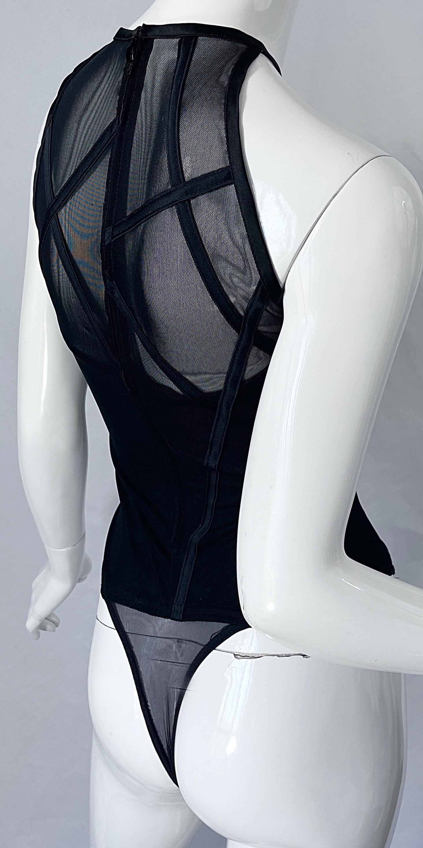 1990er Tadashi Shoji Schwarz Bondage inspiriert Vintage 90er Sexy Zehen-Bodysuit  im Angebot 5