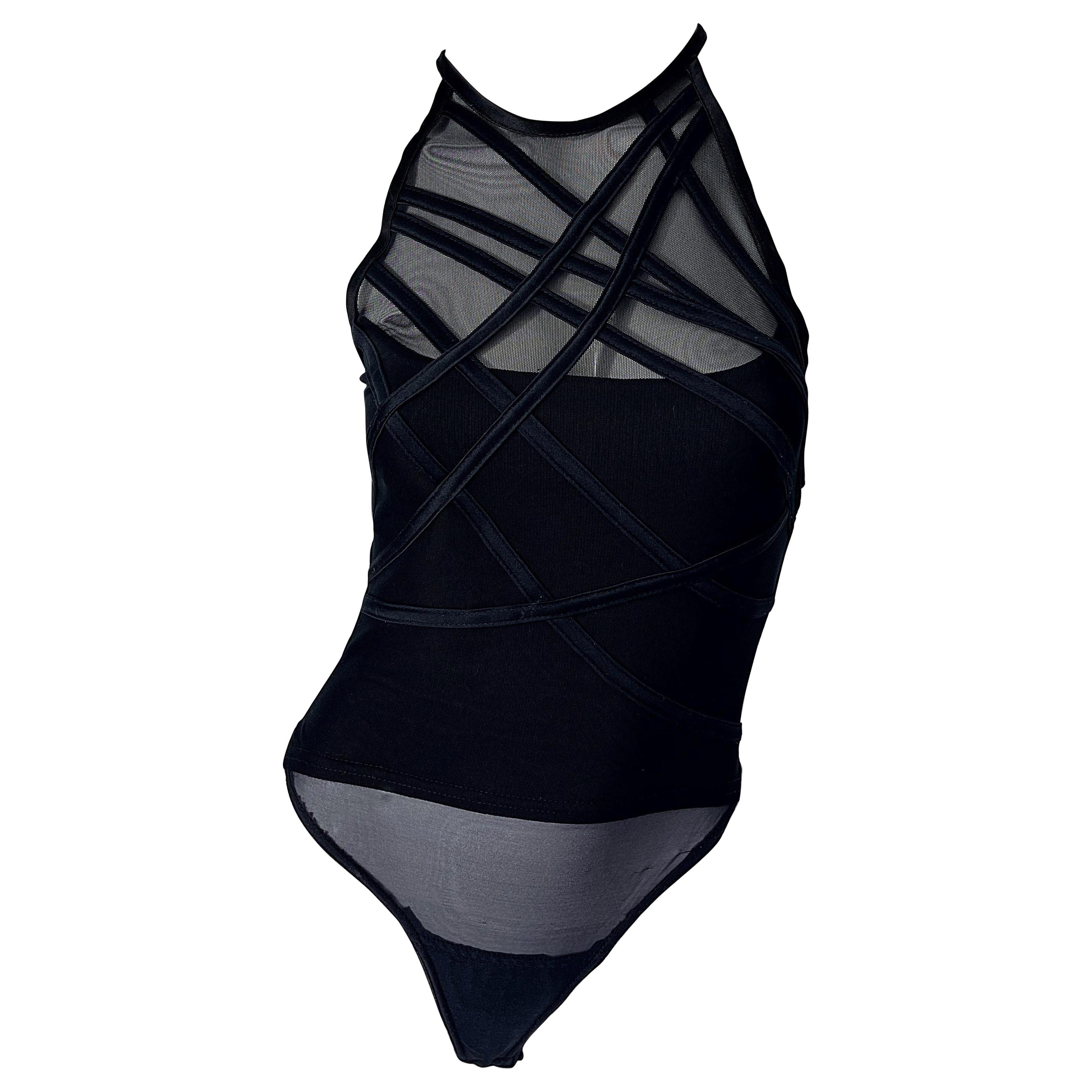 1980s Tadashi Shoji Black Bondage Inspired Vintage 80s Sexy Thong Bodysuit