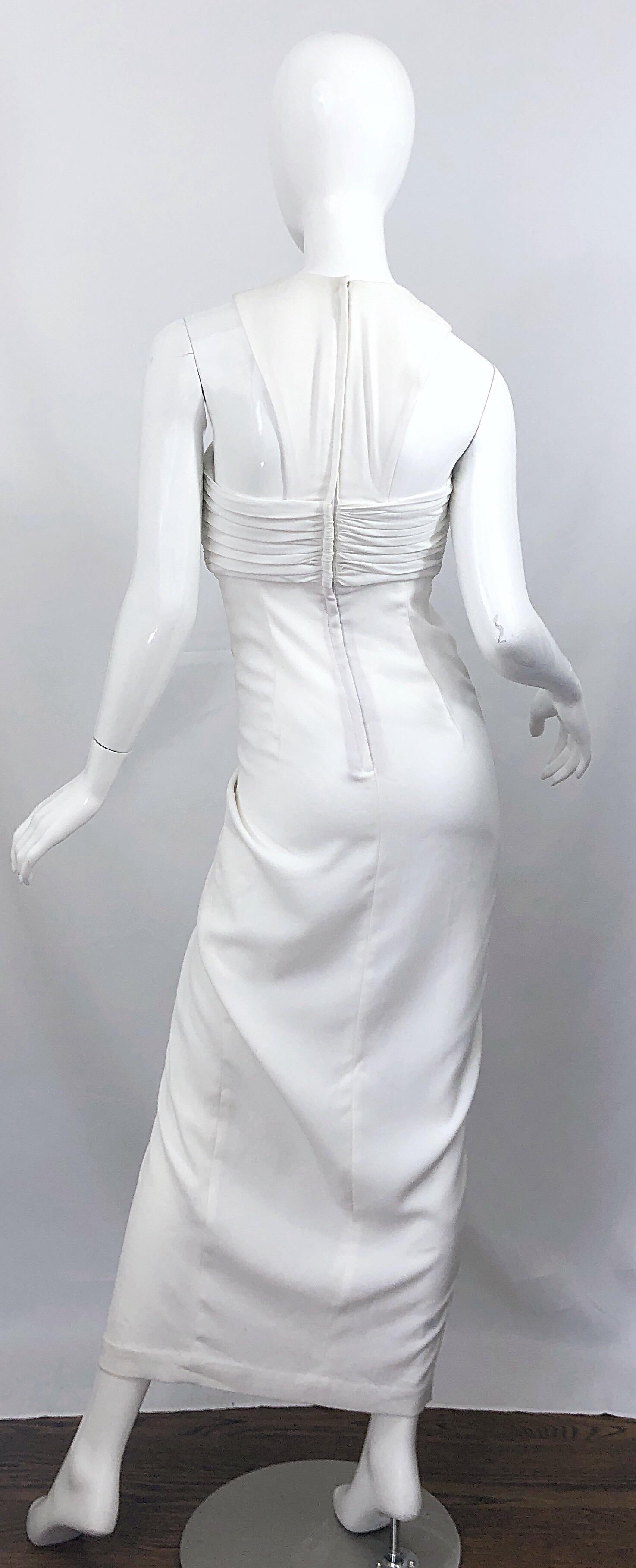 Gray 1980s Tadashi Shoji Size 4 White Avant Garde Rhinestone Pearl Vintage 80s Gown For Sale