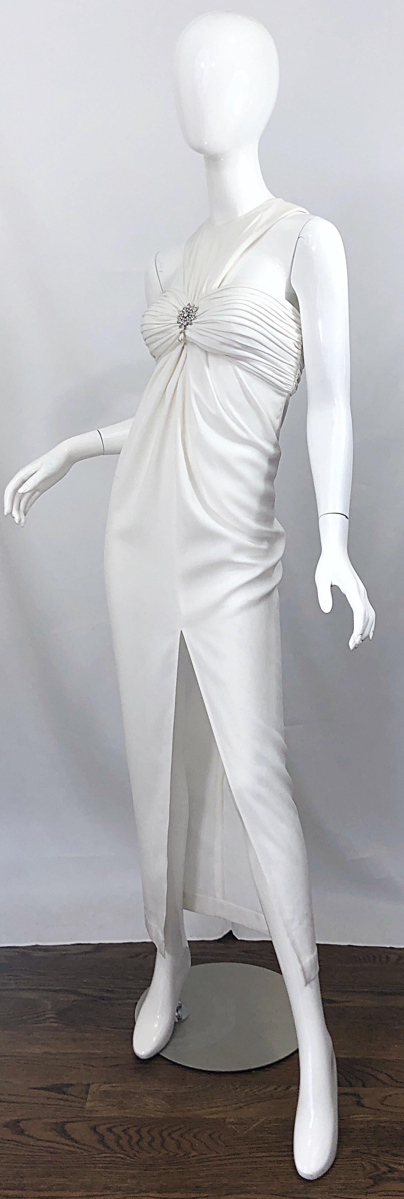 Women's 1980s Tadashi Shoji Size 4 White Avant Garde Rhinestone Pearl Vintage 80s Gown For Sale