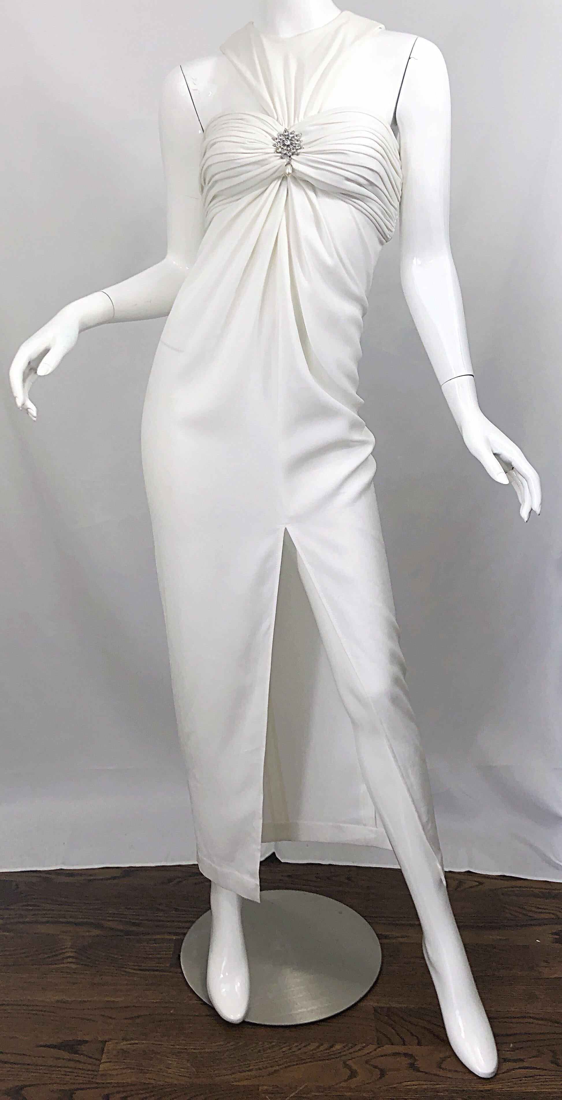 1980s Tadashi Shoji Size 4 White Avant Garde Rhinestone Pearl Vintage 80s Gown For Sale 1