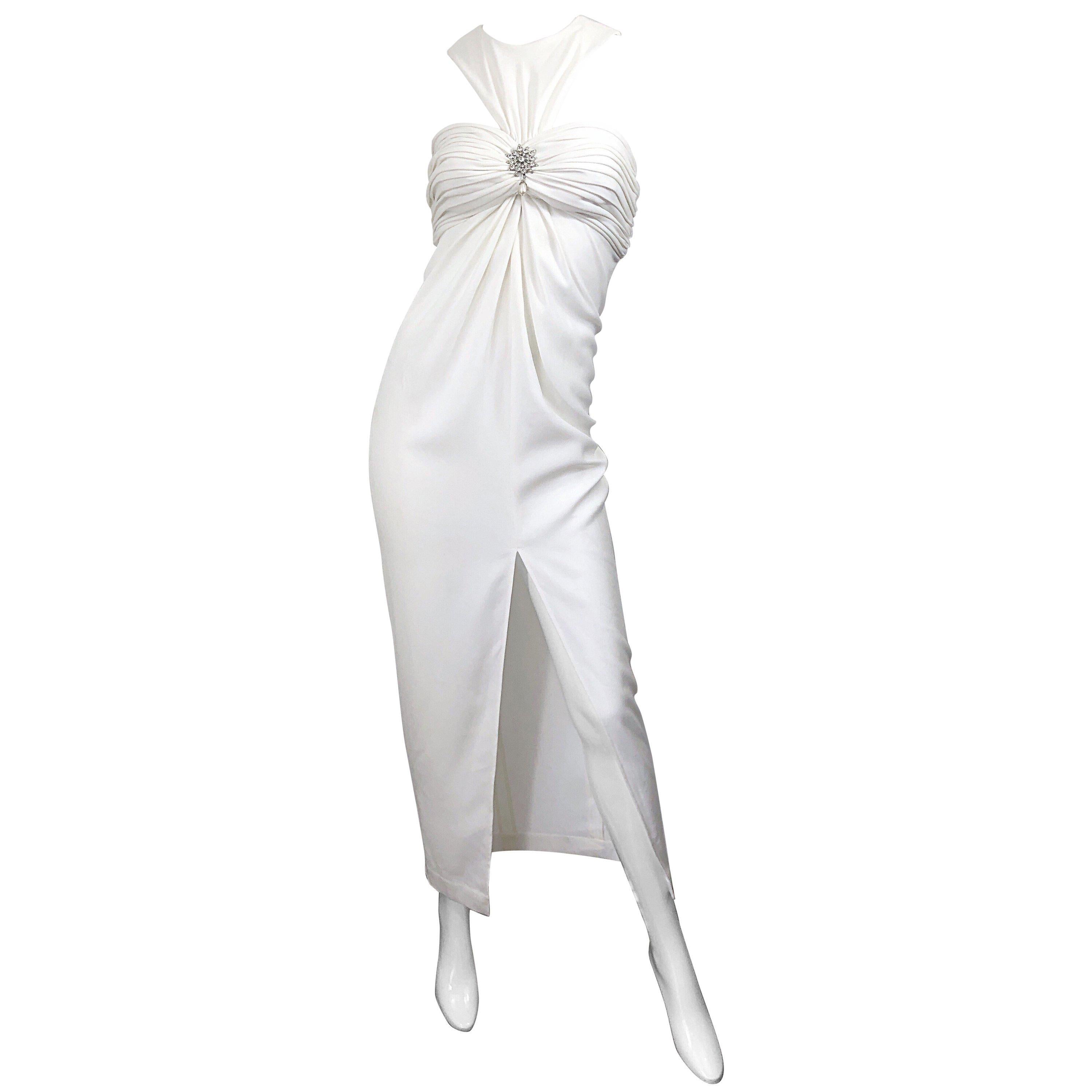 1980s Tadashi Shoji Size 4 White Avant Garde Rhinestone Pearl Vintage 80s Gown For Sale