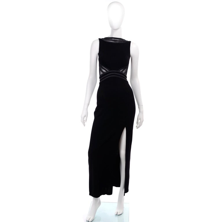 1990s Tadashi Vintage Black Evening Dress With Mesh Inserts and High ...