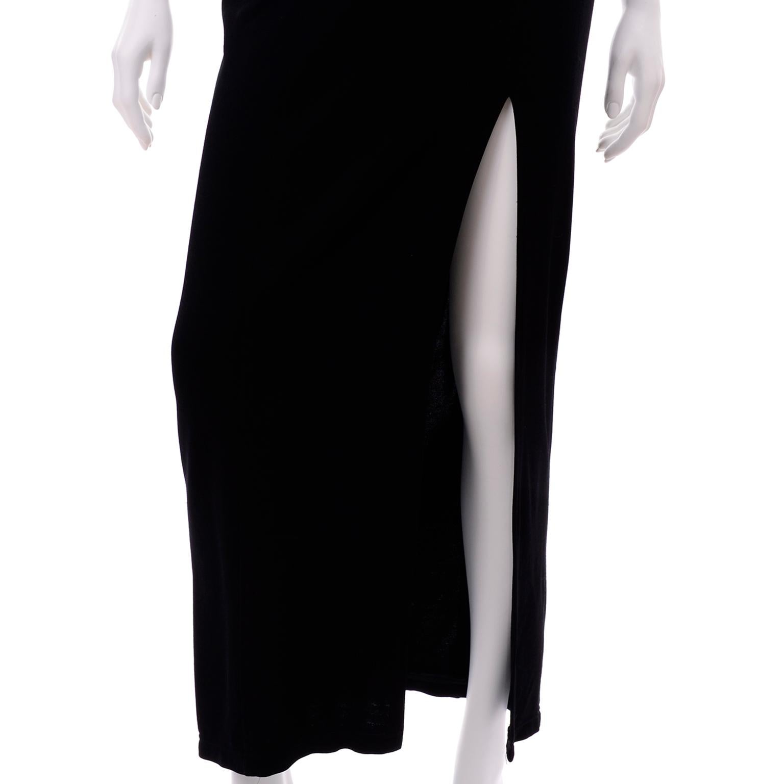 1990s Tadashi Vintage Black Evening Dress With Mesh Inserts & High Slit 1