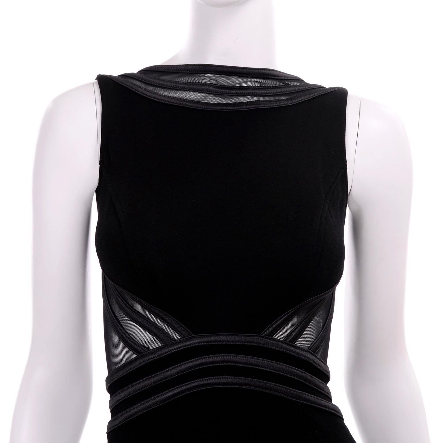 1990s Tadashi Vintage Black Evening Dress With Mesh Inserts & High Slit 2
