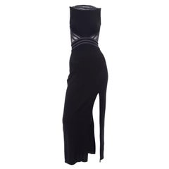 1990s Tadashi Retro Black Evening Dress With Mesh Inserts & High Slit