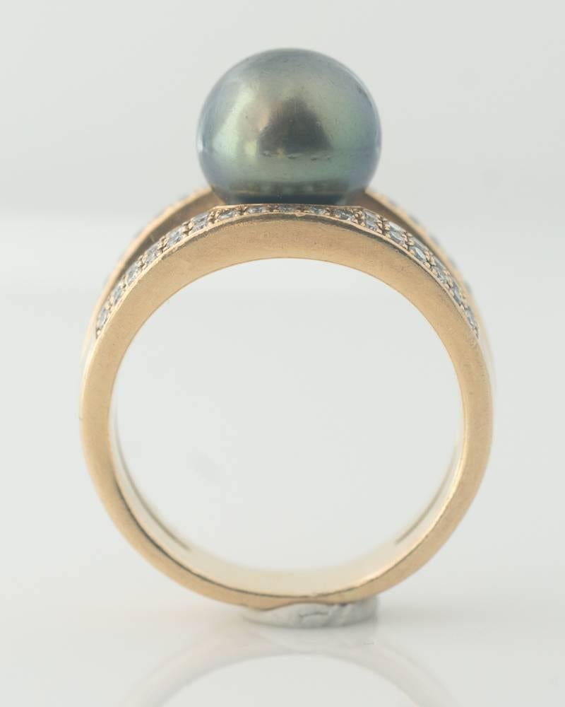 1990s Tahitian Pearl and Diamond Ring, 18 Karat Yellow Gold 1