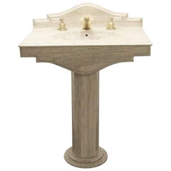 1990s Tan Stone Pedestal Seashell Sink with Backsplash and Round Base