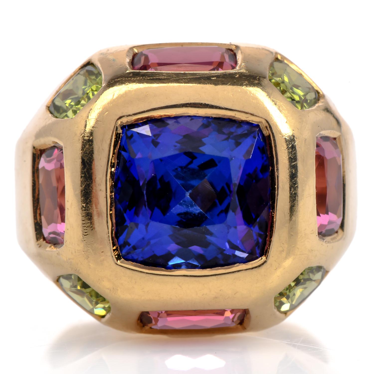 Cushion Cut 1990s Tanzanite Tourmaline 18K Gold Dome Cushion Edged Statement Ring For Sale