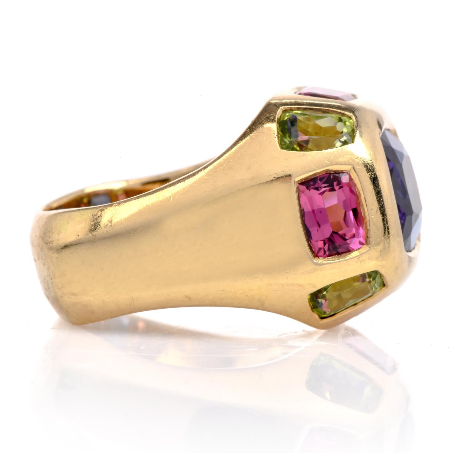 1990s Tanzanite Tourmaline 18K Gold Dome Cushion Edged Statement Ring In Excellent Condition For Sale In Miami, FL