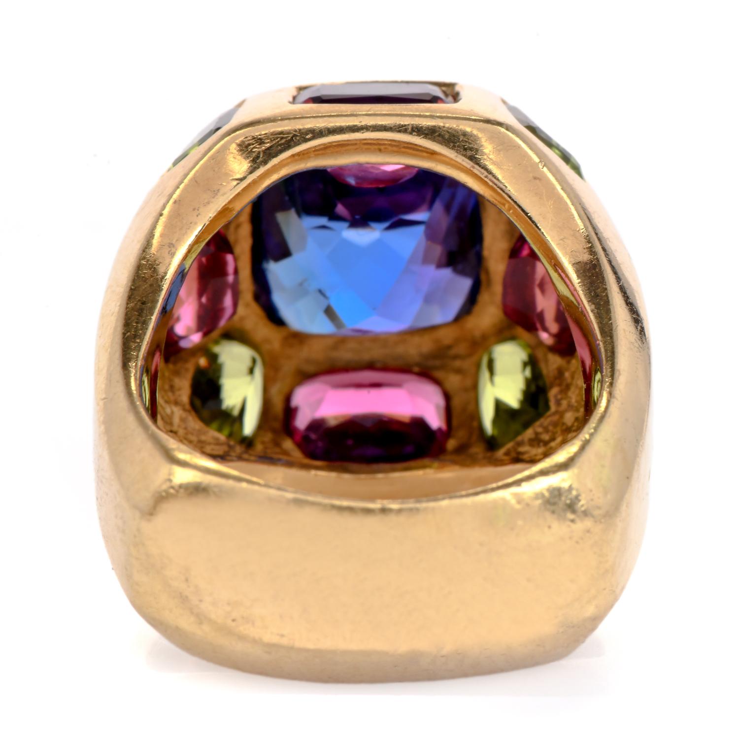 Women's or Men's 1990s Tanzanite Tourmaline 18K Gold Dome Cushion Edged Statement Ring For Sale