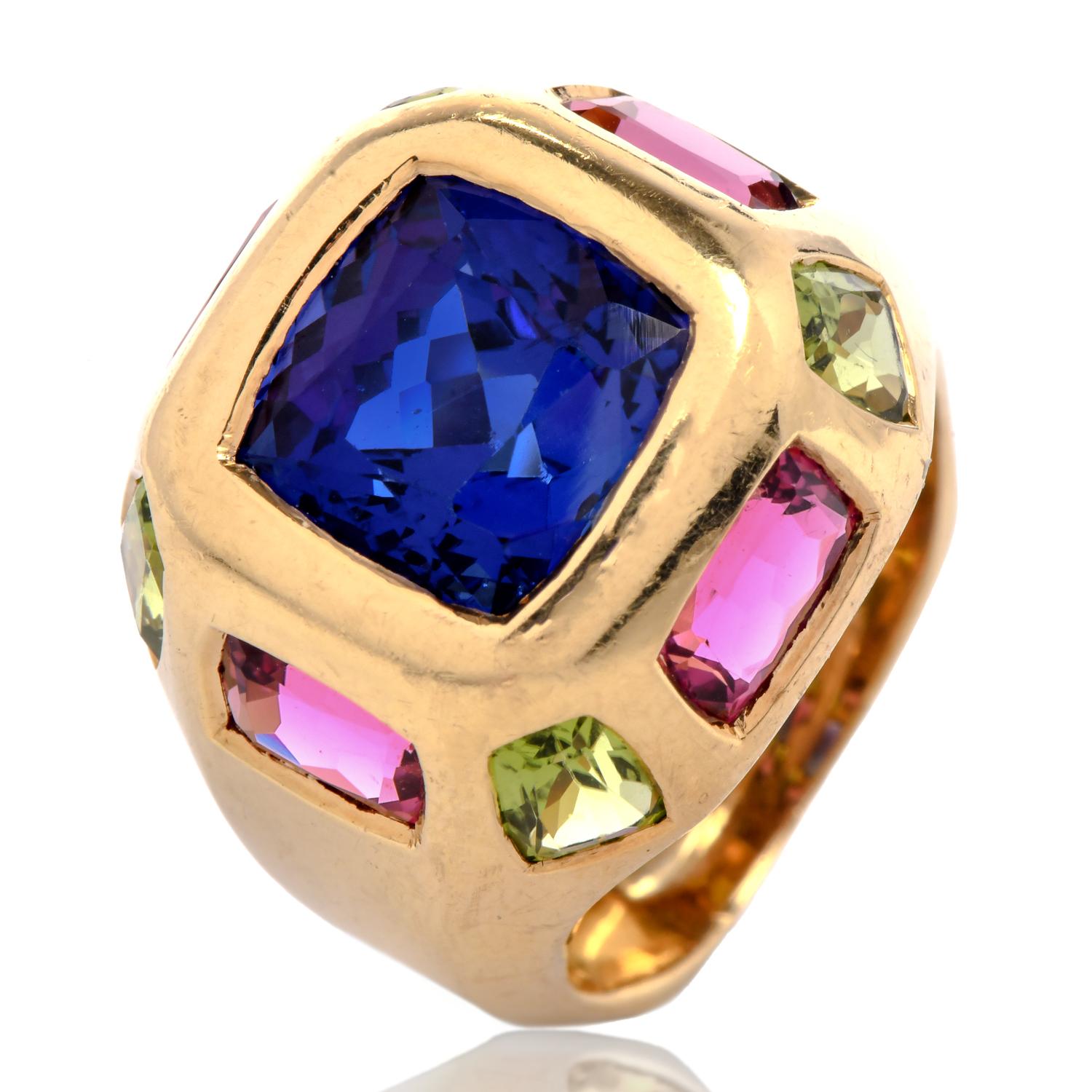 1990s Tanzanite Tourmaline 18K Gold Dome Cushion Edged Statement Ring For Sale 1